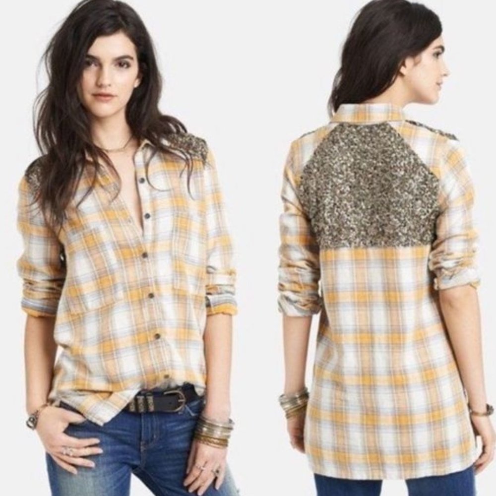 Free People Little Bit Of Sugar Sequin Yellow Plaid Flannel Shirt SZ M